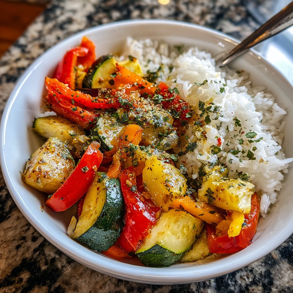 Mittagessen mit Gemüsepfanne und Reis