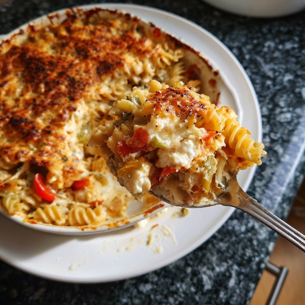 Vegetarischer Nudelauflauf mit Paprika und Feta